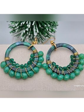 Handmade Boho Green Agate Dangle Earrings Wire Wrapped Brass Artisan Design